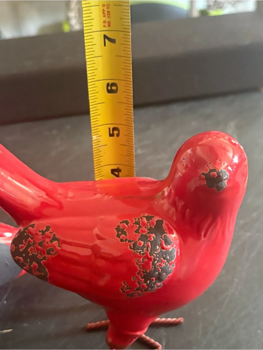 Distressed ceramic red/black bird figurines wire feet pair rustic farmhouse